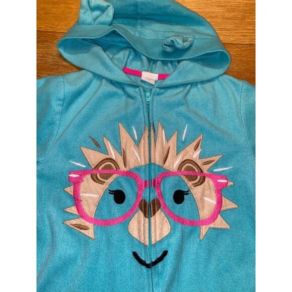 Hedgehog Hooded Kids Onesie Pajamas With Pink Cuffs & Glasses Print - Picture 3 of 4